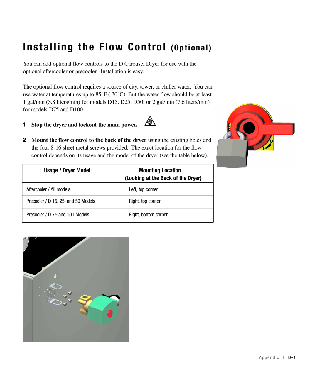 Conair 15, 25, 50, 100 specifications Installing the Flow Control O p t i o n a l, Usage / Dryer Model Mounting Location 