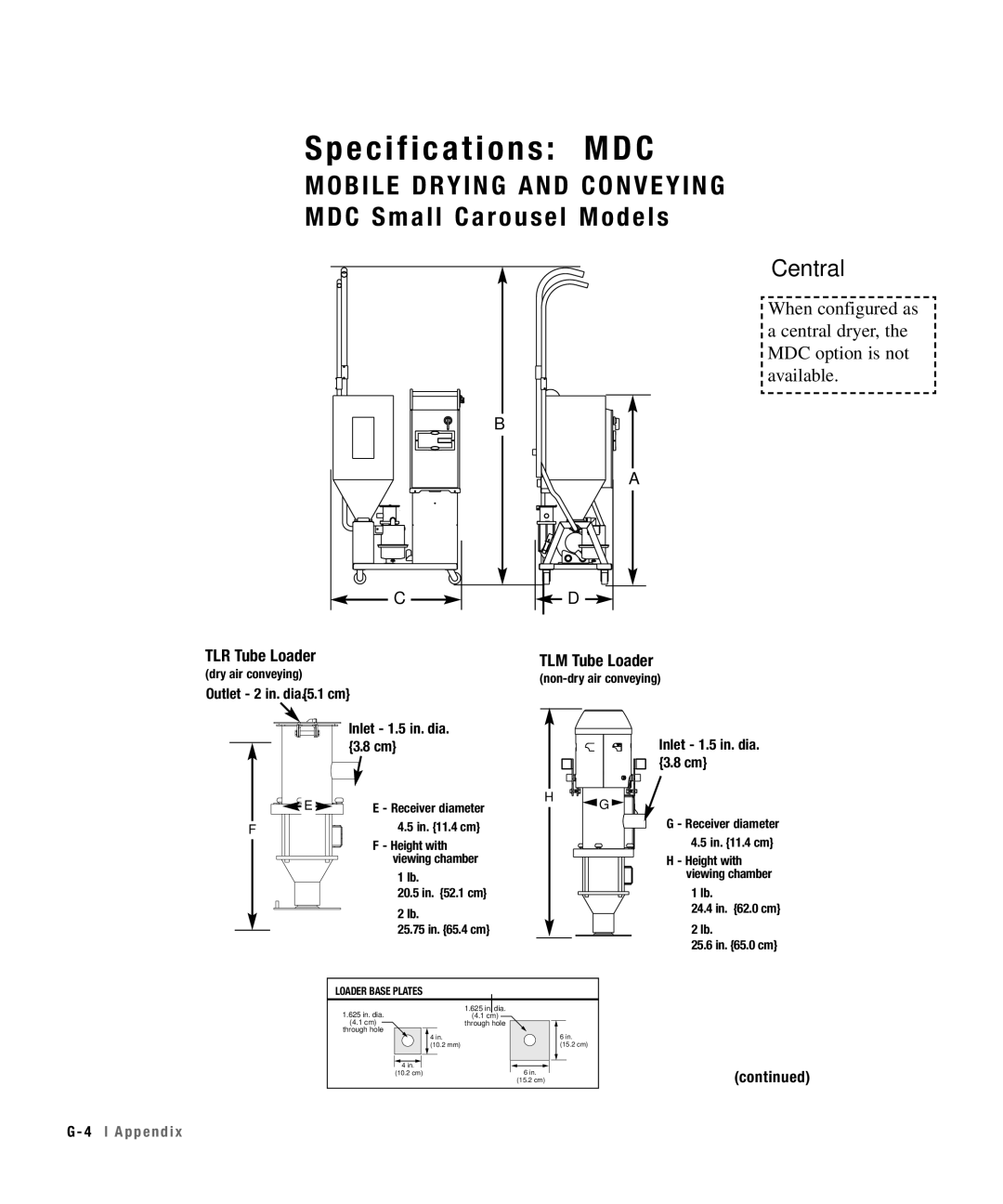 Conair 50, 25, 15, 100 specifications Specifications MDC, Mobile Drying and Conveying MDC Small Carousel Models 