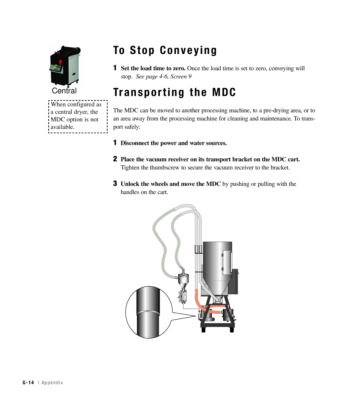 Conair 25, 15, 50, 100 specifications To Stop Conveying, Transporting the MDC 