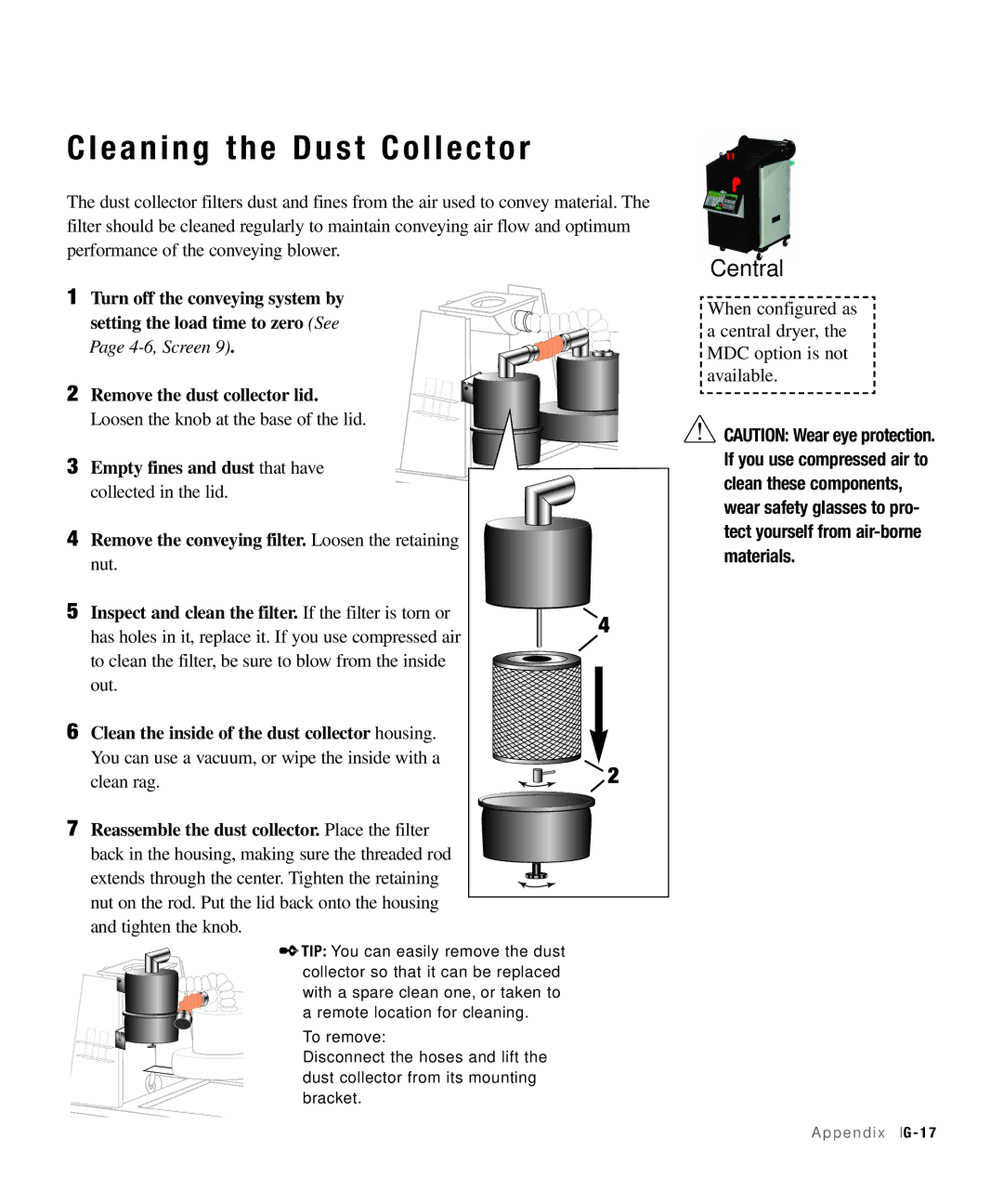 Conair 100, 25, 15, 50 specifications Cleaning the Dust Collector 