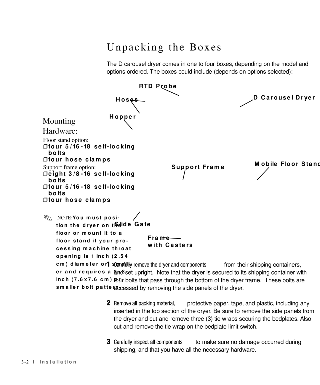 Conair 25, 15, 50, 100 specifications Unpacking the Boxes, Mounting Hardware 