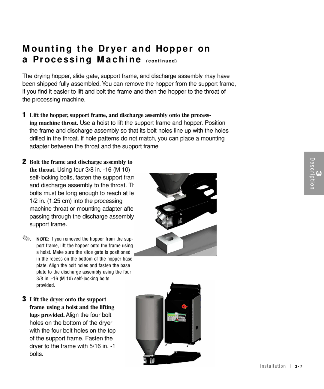 Conair 15, 25, 50, 100 specifications Mounting the Dr yer and Hopper on a Processing Machine 