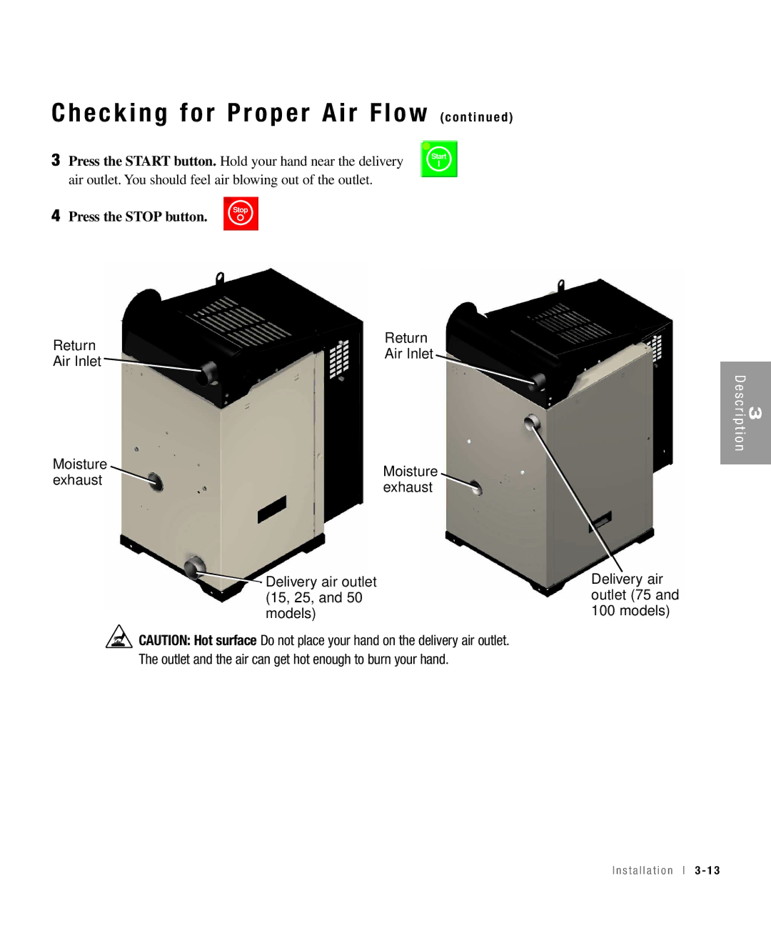 Conair 100, 25, 15, 50 specifications Checking for Proper Air Flow c o n t i n u e d, Press the Stop button 