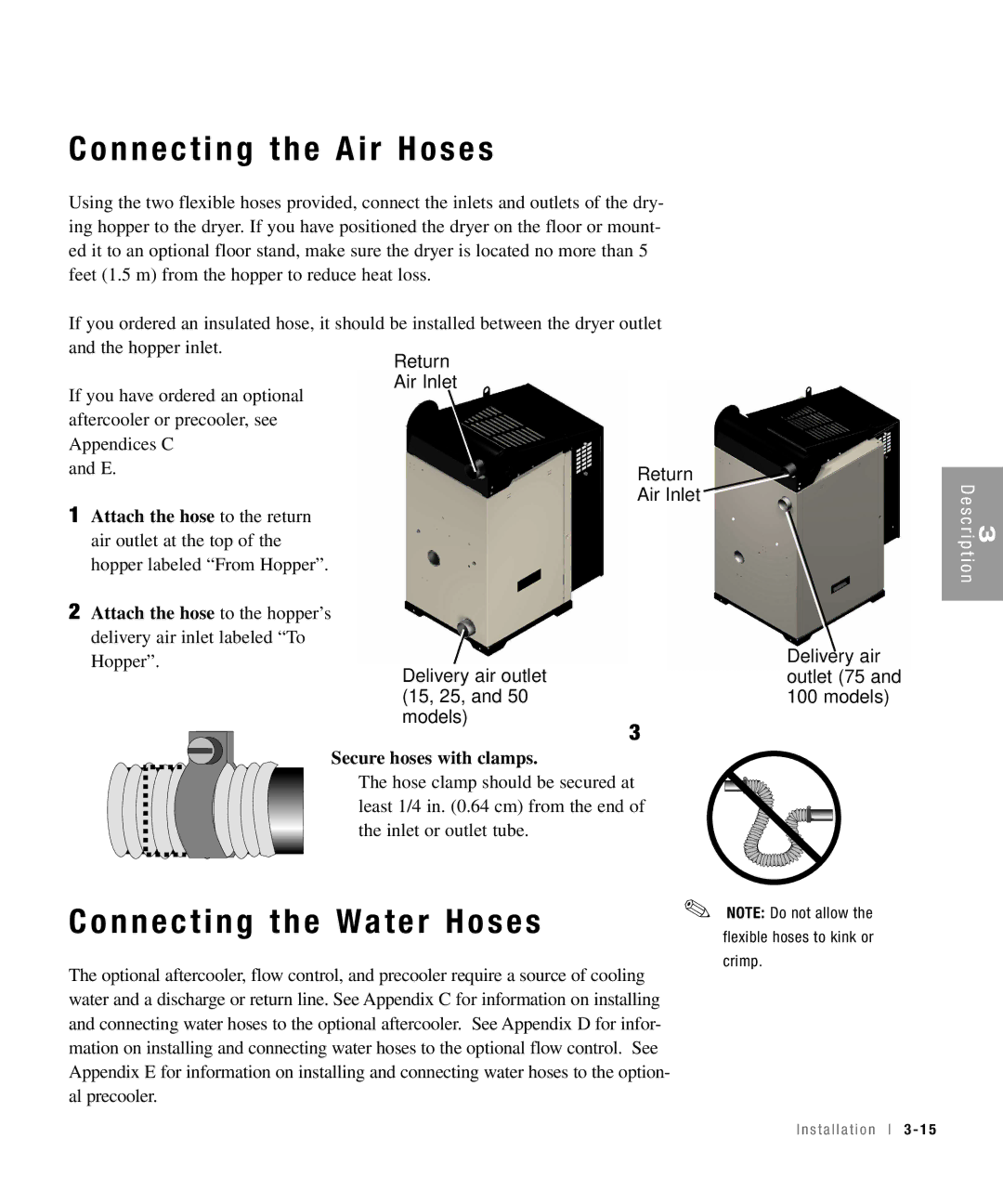 Conair 15, 25, 50, 100 specifications Connecting the Air Hoses, Connecting the Water Hoses, Secure hoses with clamps 