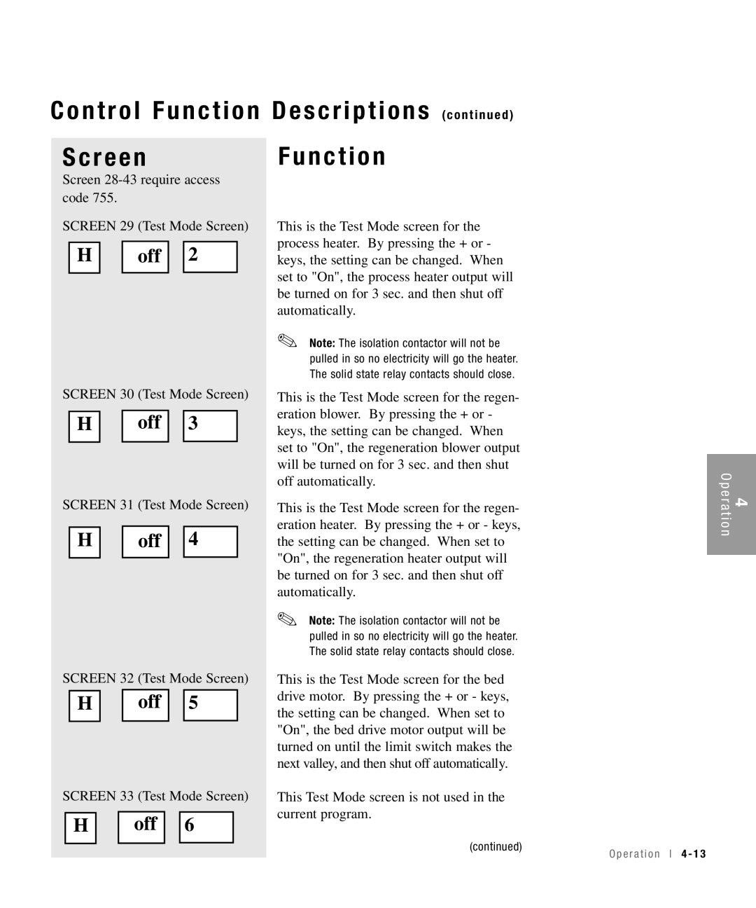 Conair 15, 25, 50, 100 specifications Screen 28-43 require access code Screen 29 Test Mode Screen 