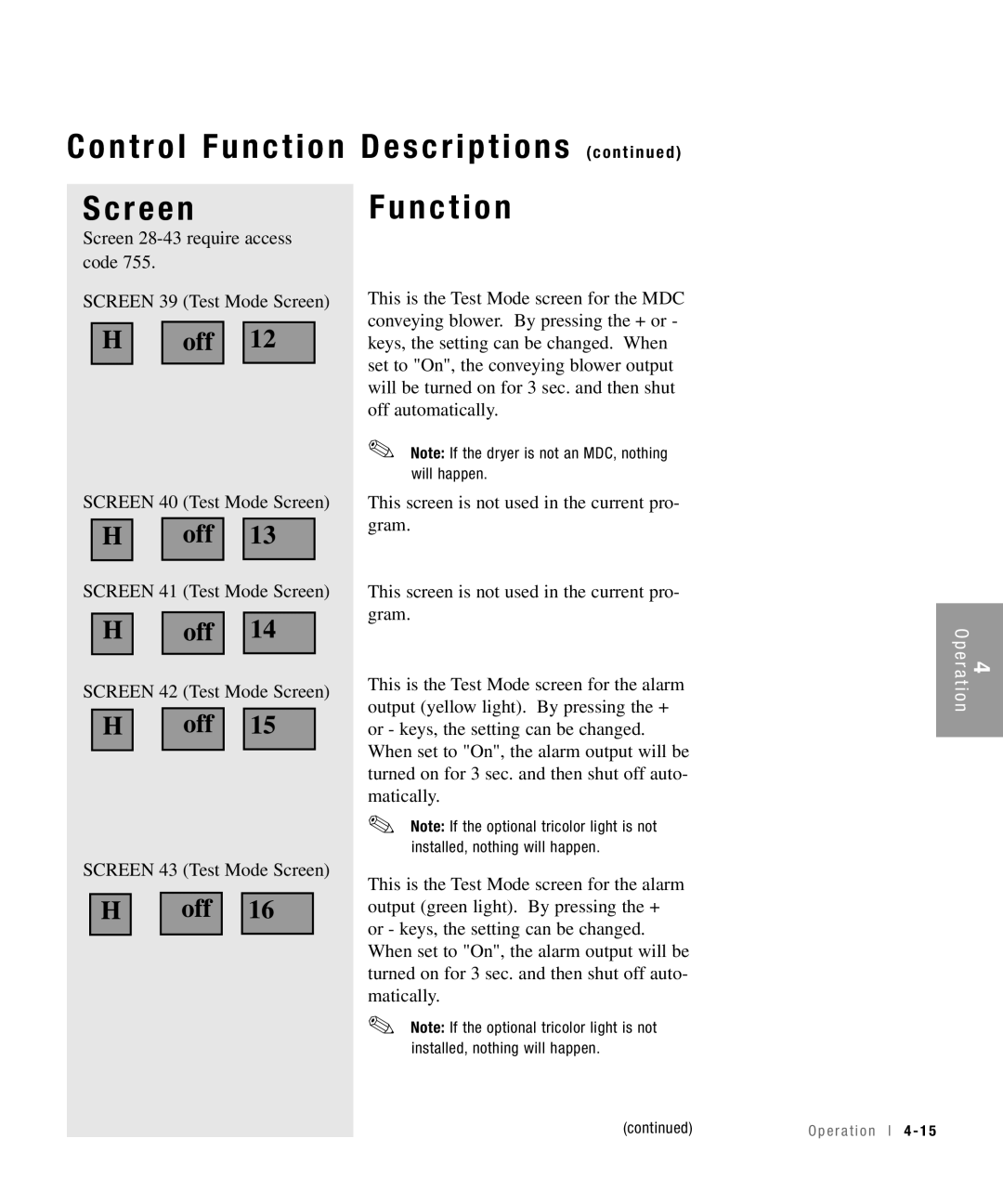 Conair 100, 25, 15, 50 specifications Screen 28-43 require access code Screen 39 Test Mode Screen 