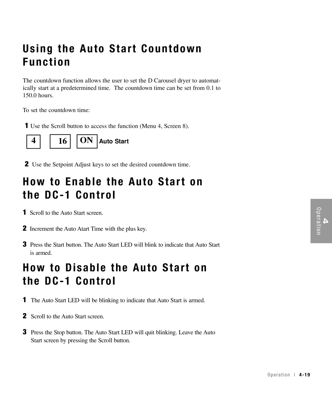 Conair 100, 25, 15, 50 Using the Auto Start Countdown Function, How to Enable the Auto Start on the DC 1 Control 