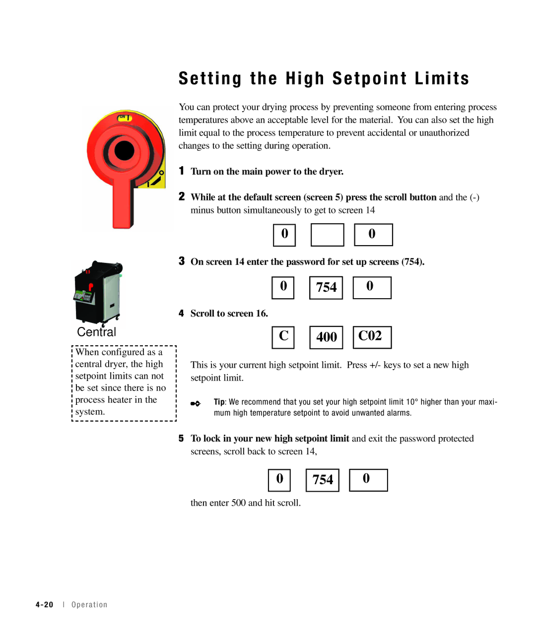 Conair 25, 15, 50, 100 specifications Setting the High Setpoint Limits, Scroll to screen 