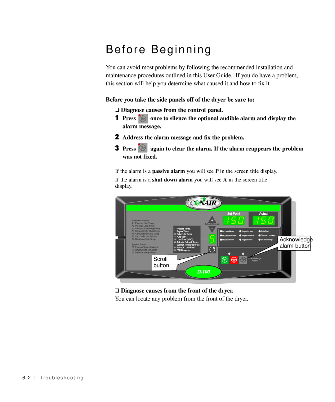 Conair 25, 15, 50, 100 specifications Before Beginning, Diagnose causes from the front of the dryer 