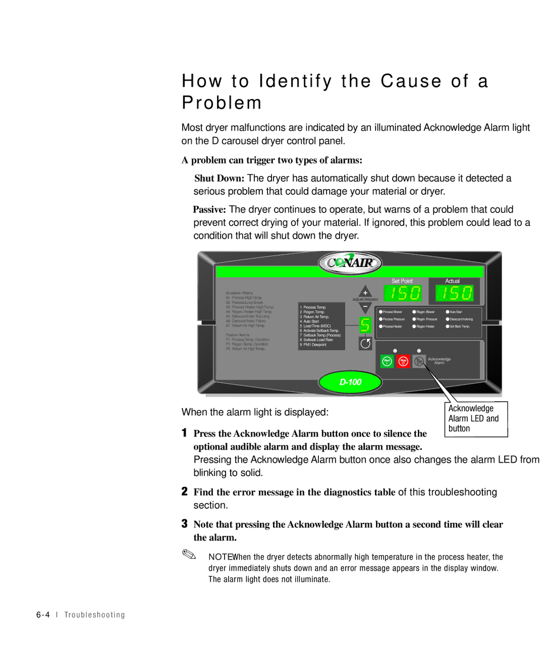 Conair 50, 25, 15, 100 specifications How to Identify the Cause of a Problem, Problem can trigger two types of alarms 