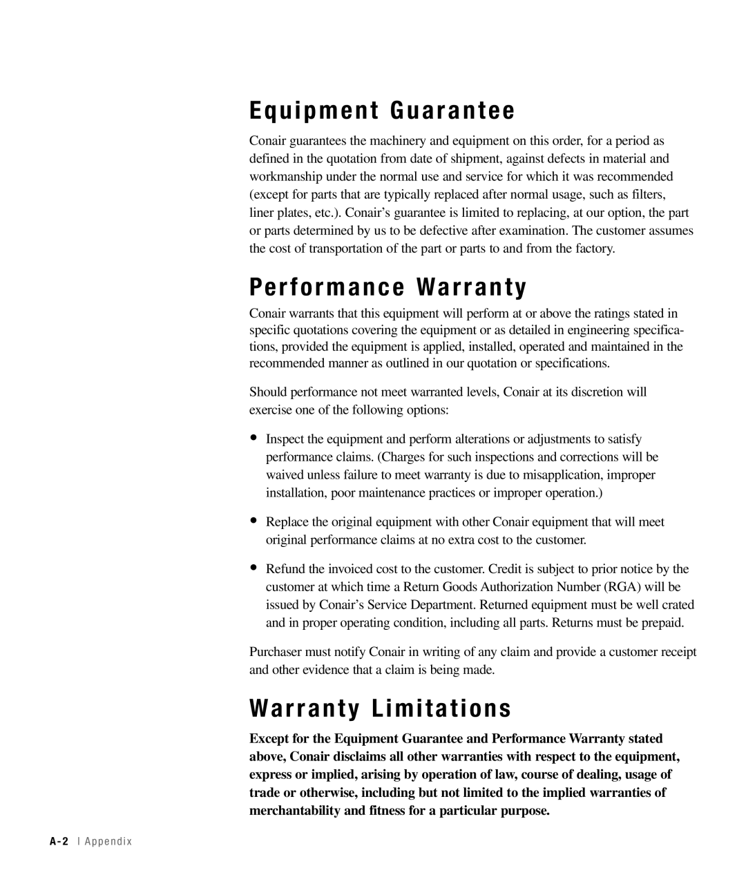 Conair 25, 15, 50, 100 specifications Equipment Guarantee, Performance Warranty, Warranty Limitations 