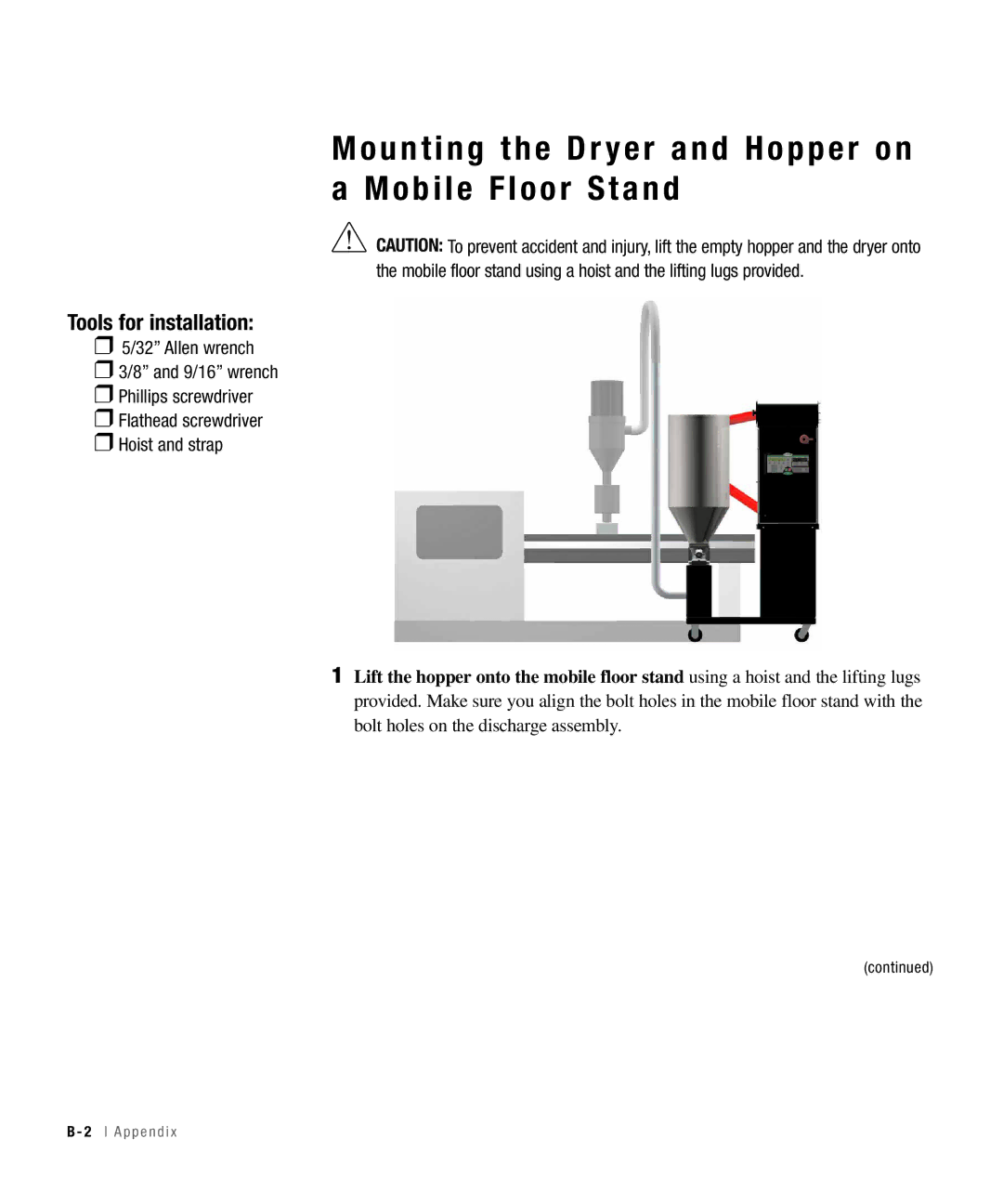 Conair 50, 25, 15, 100 specifications Mounting the Dr yer and Hopper on a Mobile Floor Stand 