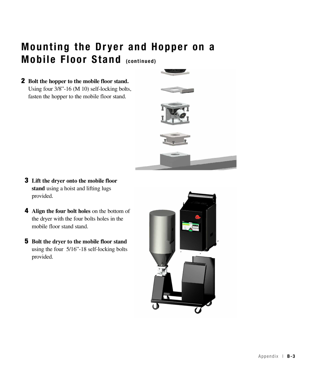 Conair 100, 25, 15, 50 specifications Mounting the Dr yer and Hopper on a Mobile Floor Stand 