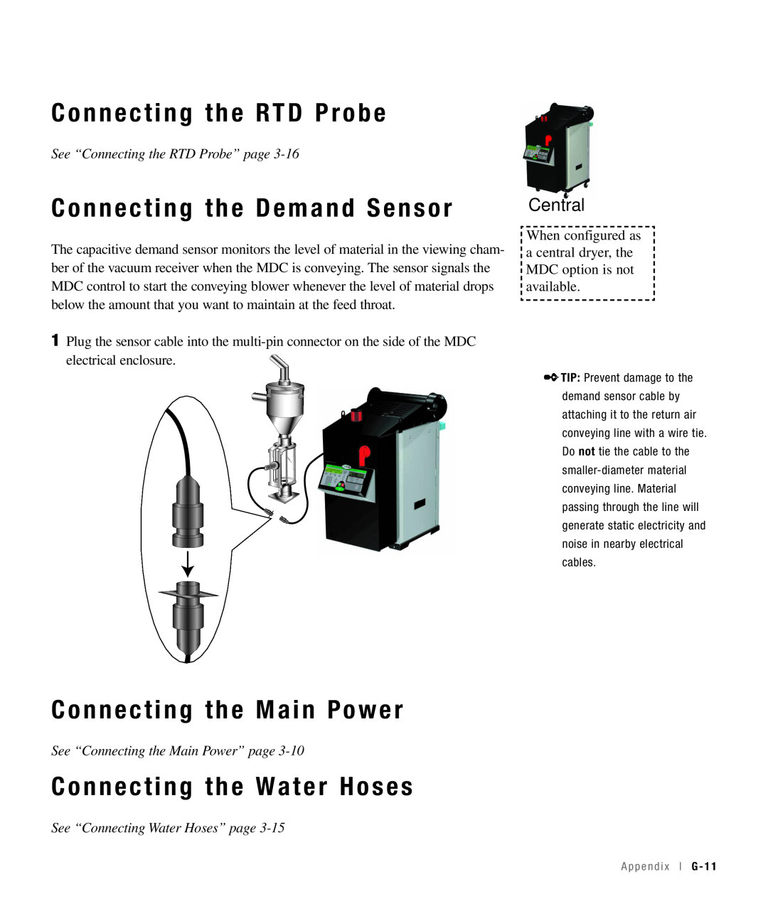 Conair 15 Connecting the Demand Sensor, Connecting the RTD Probe, Connecting the Main Power, Connecting the Water Hoses 