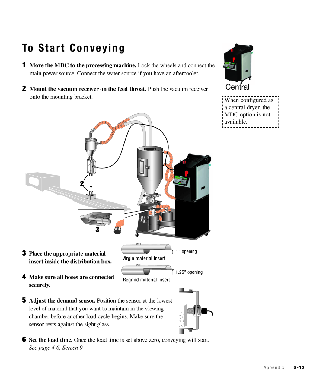 Conair 100, 25, 15, 50 specifications To Start Conveying, Central 