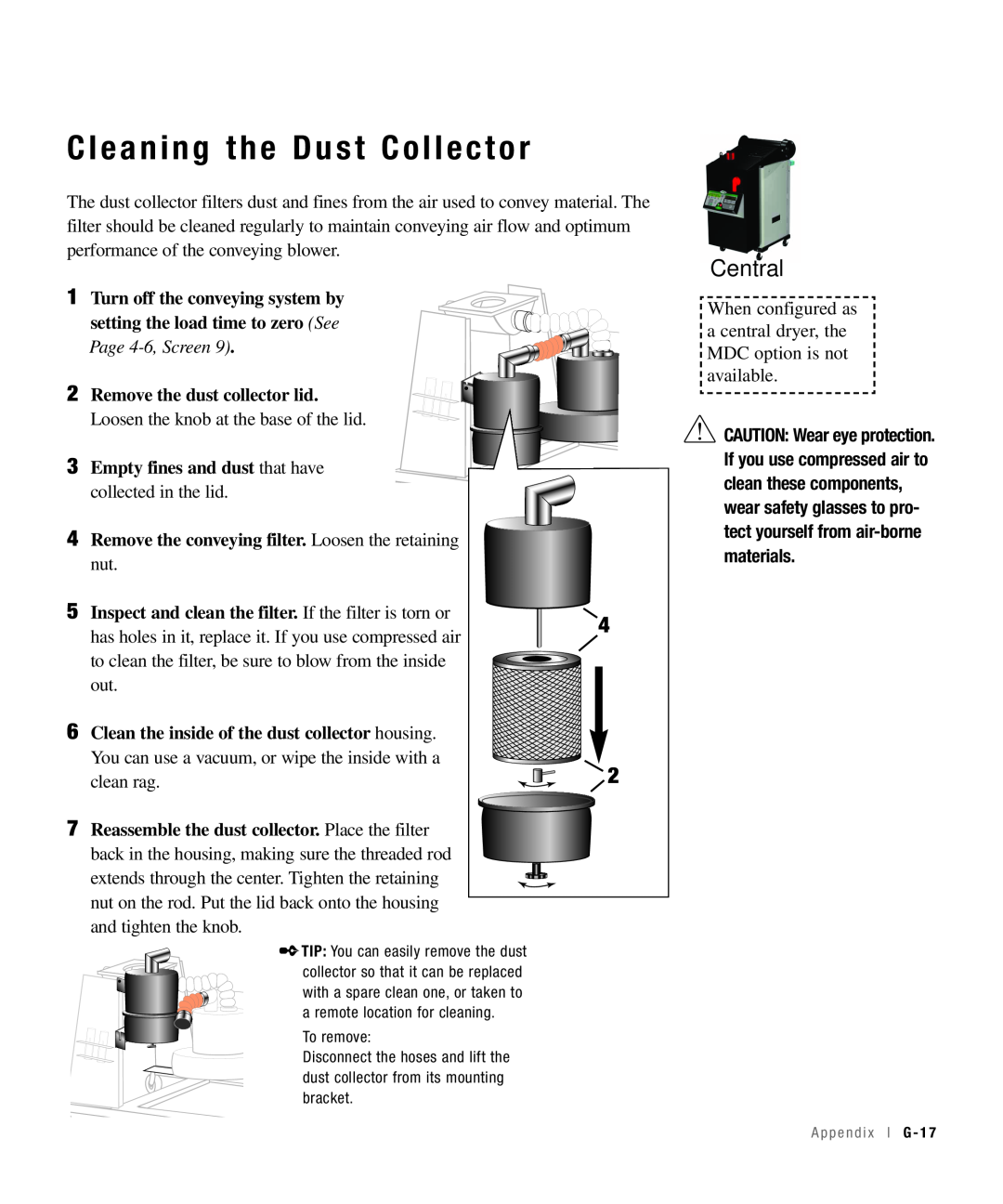 Conair 100, 25, 15, 50 specifications Cleaning the Dust Collector, Central, Page 4-6,Screen, Remove the dust collector lid 