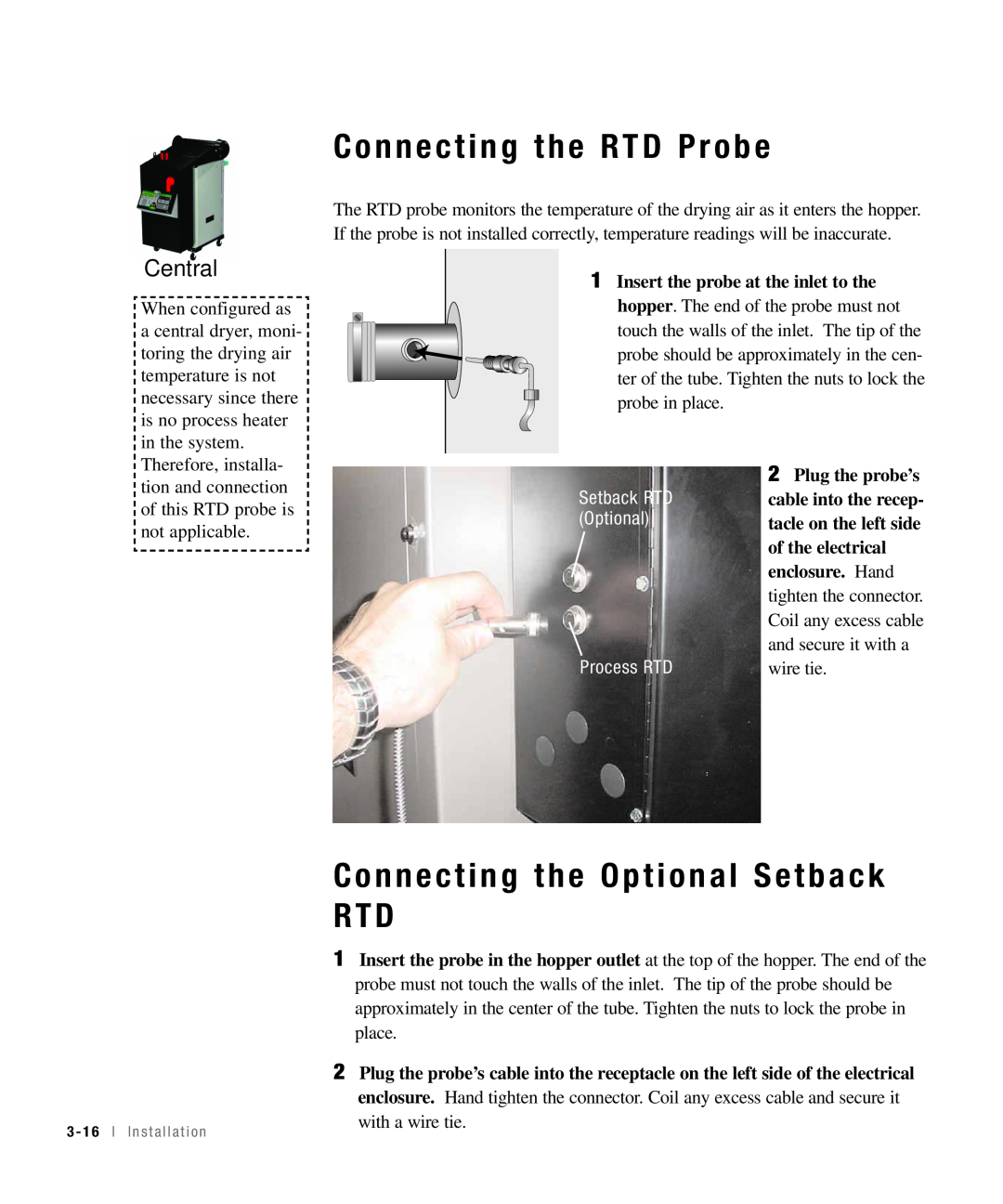 Conair 50, 25, 15, 100 specifications Connecting the RTD Probe, Connecting the Optional Setback RTD, Central, Process RTD 