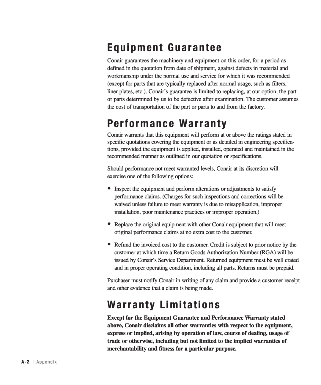 Conair 25, 15, 50, 100 specifications Equipment Guarantee, Performance Warranty, Warranty Limitations, A - 2 l A p p e n d i 
