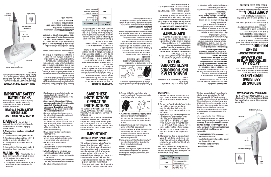 Conair 250 important safety instructions USO Cada DE Antes Seguridad DE Cortacircuito EL Pruebe, Super Styling Guide 