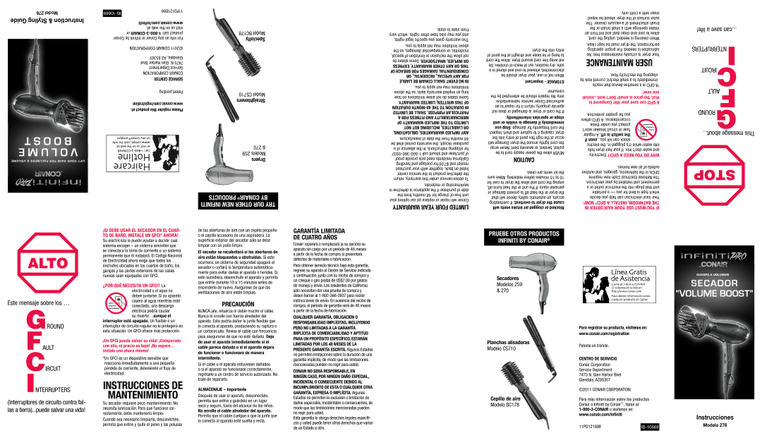 Conair 276 important safety instructions Corporation Conair Center Service, Centro DE Servicio, Conair Corporation 