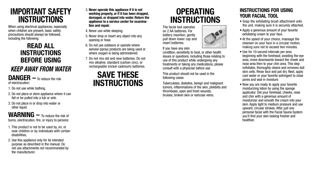 Conair 3710N important safety instructions Important Safety Instructions, Save these Instructions Operating 