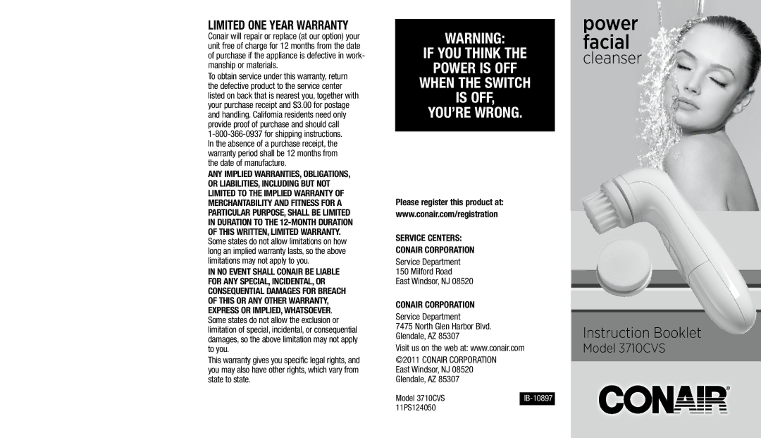 Conair 3710N important safety instructions If YOU Think Power is OFF, Is OFF YOU’RE Wrong, Limited ONE Year Warranty 