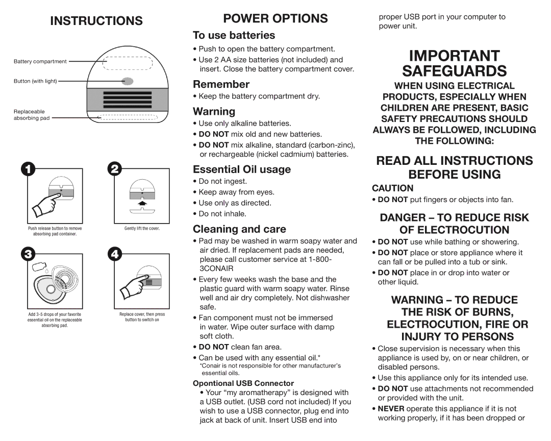 Conair AR04B manual Power Options, Read ALL Instructions Before Using 