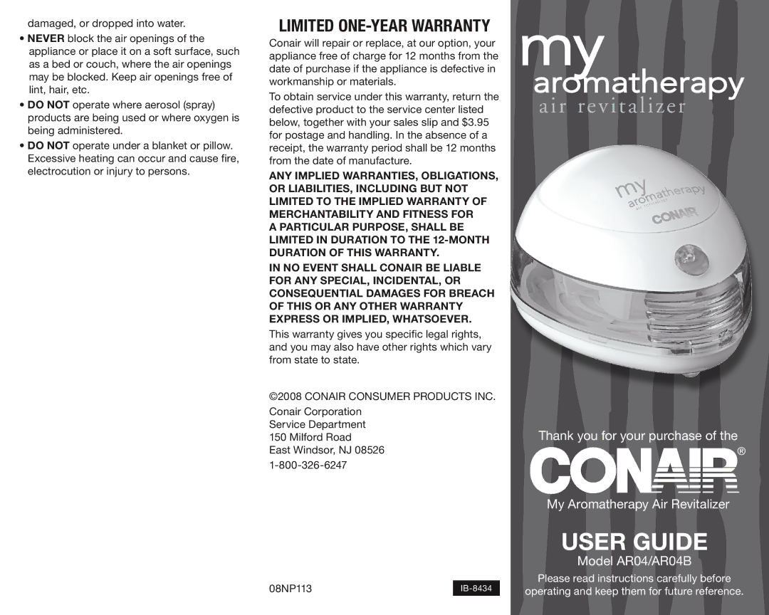 Conair AR04B manual Aromatherapy 