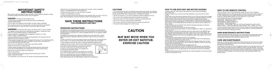 Conair Bath Mat important safety instructions For Household USE only Operating Instructions, HOW to USE Remote Control 