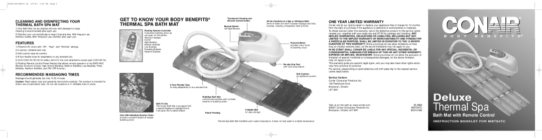 Conair Bath Mat Cleaning and Disinfecting Your Thermal Bath SPA MAT, ONE Year Limited Warranty, Features 