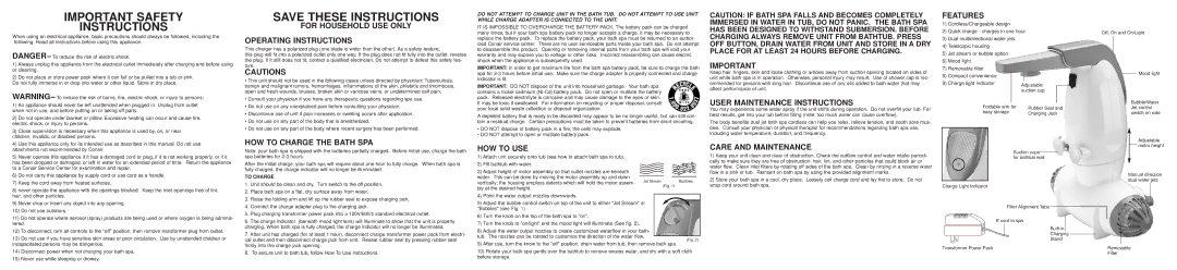 Conair Bath Spa important safety instructions For Household USE only Operating Instructions, HOW to Charge the Bath SPA 