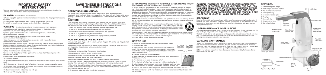 Conair Bath Spa important safety instructions Important Safety Instructions, Save These Instructions, Cautions, How To Use 