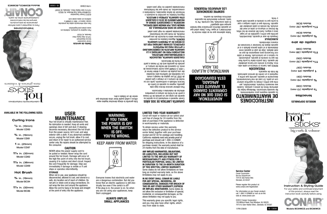 Conair BC86, BC84 Instrucciones, Algunos, Available in the following sizes, Storage, Instruction & Styling Guide 