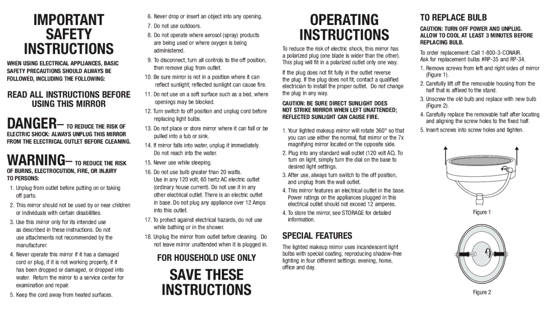 Conair 06PM8032 important safety instructions Safety Instructions, Save These Instructions Operating, Using this Mirror 