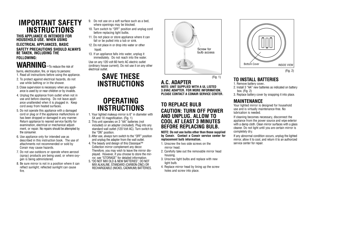 Conair BE4R important safety instructions Save These Instructions Operating, Adapter To Replace Bulb, Maintenance 