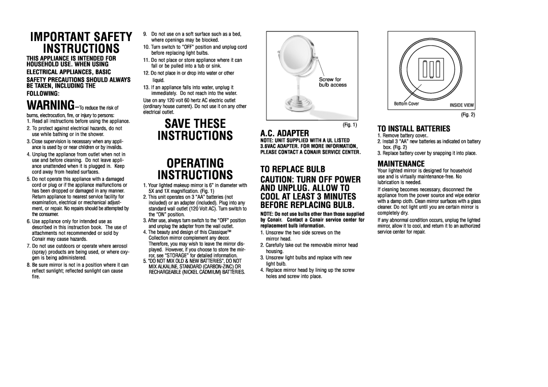 Conair BE4R important safety instructions A.C. Adapter, To Replace Bulb, To Install Batteries, Maintenance, Instructions 