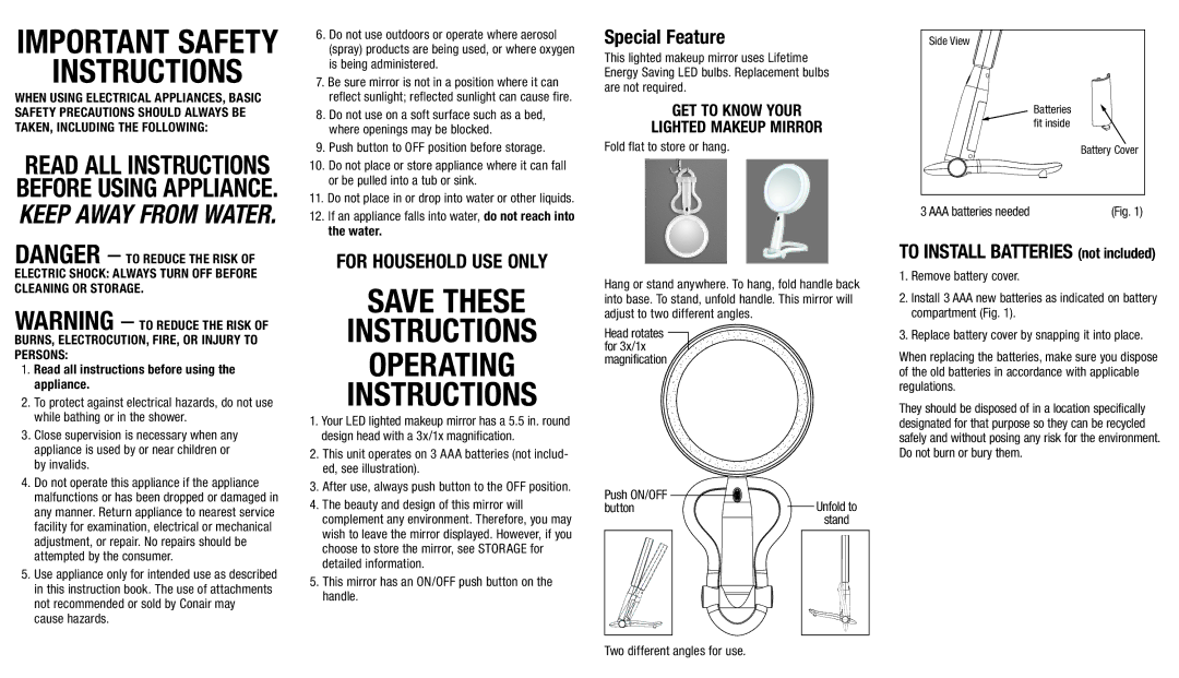 Conair BE52LED important safety instructions Save These Instructions Operating, Special Feature 