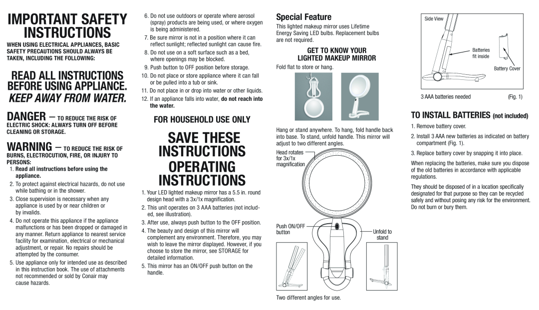 Conair BE52LED important safety instructions Read all instructions before using APPLIANCE. Keep away from water 