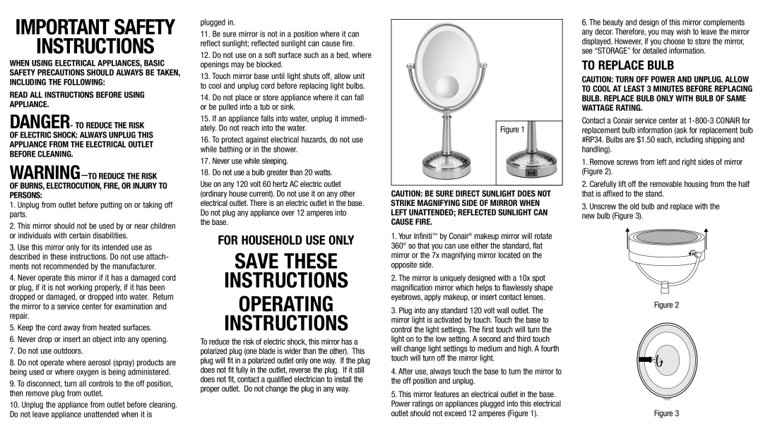 Conair BE86R important safety instructions Save These Instructions Operating Instructions, TO Replace Bulb 