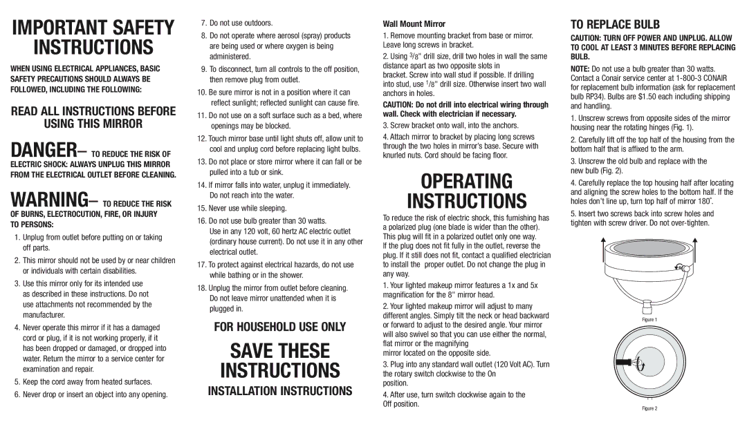 Conair BE87CR installation instructions Save These Instructions, Operating Instructions, Using this Mirror 