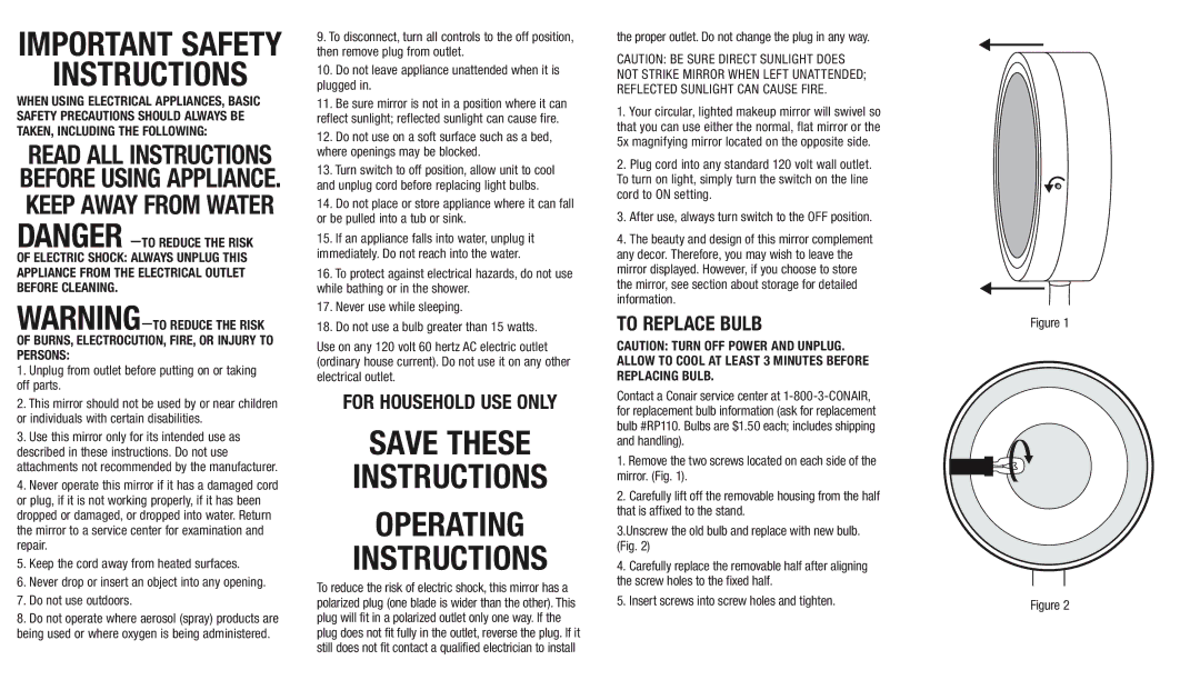 Conair BE93 07NP202 important safety instructions Save These Instructions, For Household USE only, To Replace Bulb 