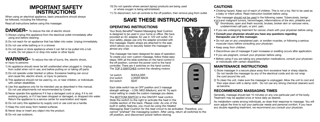 Conair BM1RL important safety instructions Operating Instructions, Maintenance Instructions, Recommended Massaging Times 