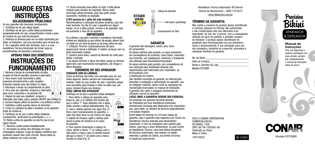 Conair BT2GBR, BT2GER manual Apenas Para USO Doméstico, Importante, Término DA Garantia 