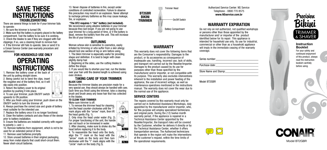 Conair BT2GER, BT2GBR manual Troubleshooting, For Household USE only, Outlining, Service Centers 