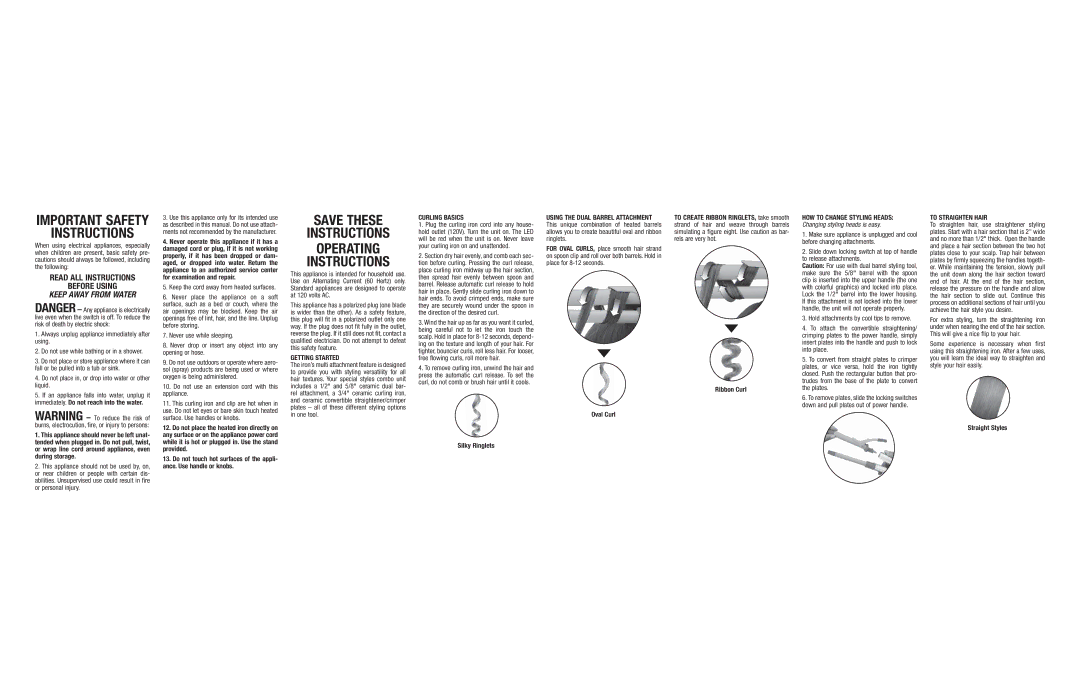 Conair CB603CS important safety instructions Save These Instructions Operating, Read ALL Instructions Before Using 