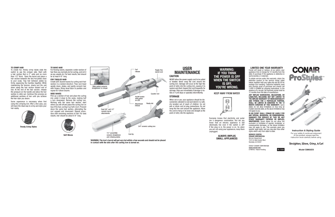 Conair CB603CS important safety instructions User Maintenance, Storage, Always Unplug Small Appliances 