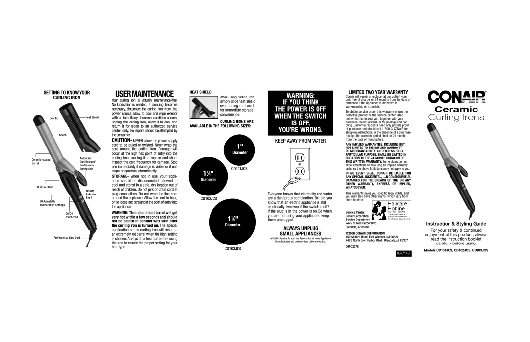 Conair CD101JCS important safety instructions Heat Shield, Curling Irons are, CD102JCS, CD103JCS 