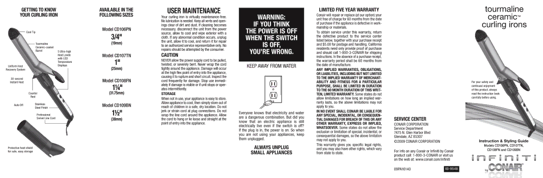 Conair CD106PN Getting to Know Your Curling Iron, Keep Away from Water, Always Unplug Small Appliances, Service Center 