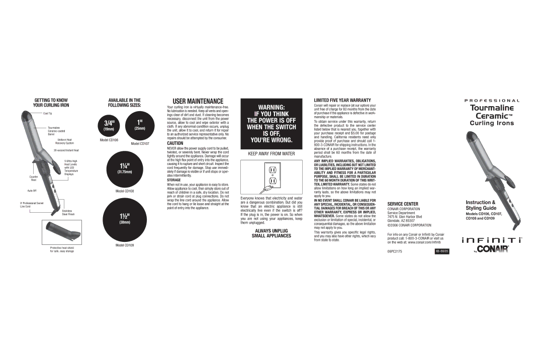 Conair CD107, CD109, CD108, CD106 important safety instructions Keep Away from Water, Always Unplug Small Appliances 