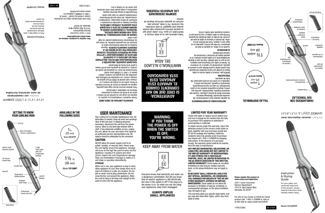 Conair CD106PRP, CD109BP, CD107TP Almacenaje, Precaución, Mantenimiento DE Instrucciones, Storage 